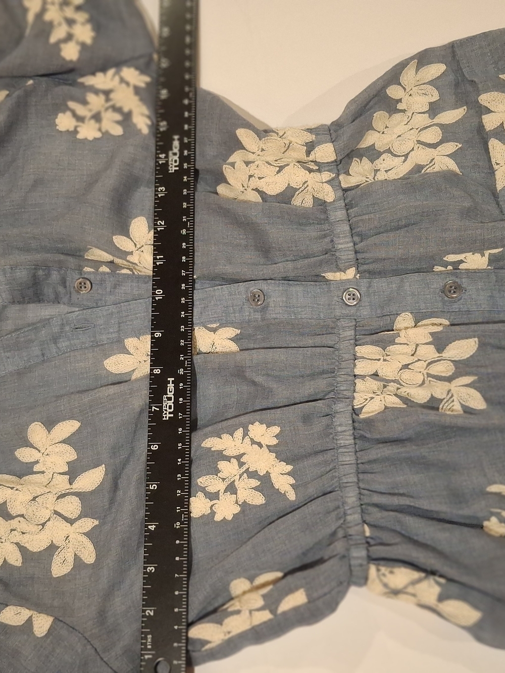 Blue Appliqued Floral Button-Front Mini Dress - Picture 10 of 16